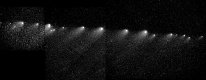 Image obtenue par le telescope spatial Hubble de la comète disloquée Shoemaker-Levy 9 en Janvier 1994. Les points les plus brillants sont les noyaux les plus gros ce qui correspond aux prédictions réalisées selon le modèle du rubble-pile. 