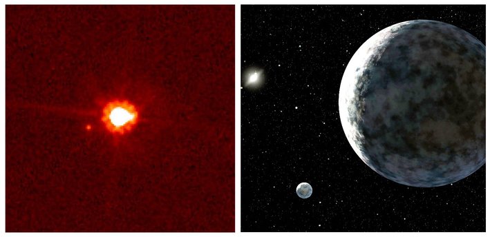A gauche, l'objet transneptunien Eris (2003 UB 313) et son satellite Dysnomia vus par le télescope spatial Hubble. A droite, une représentation d'artiste de ces deux corps